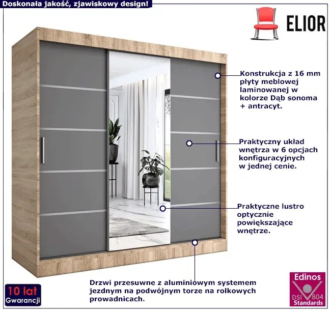 Szafa przesuwna 200 cm dąb sonoma + antracyt - Marmos 6X