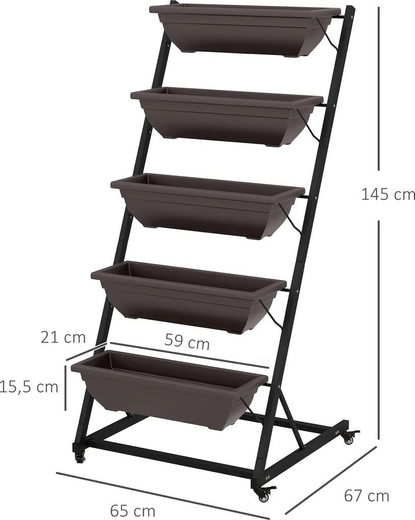 Outsunny 5-poziomowy stojak na rośliny, 145 cm wysoki kwietnik z doniczkami i kółkami, stalowy kwietnik, brązowy | Aosom PL