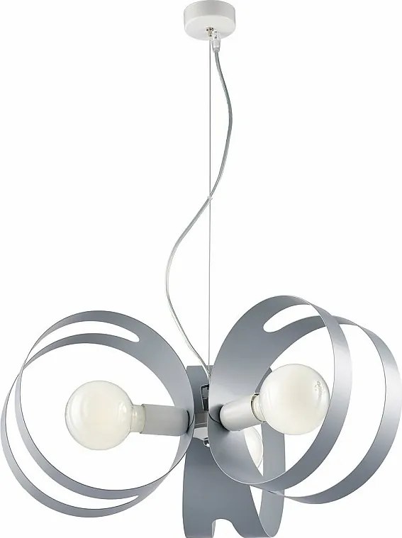 Lampa wisząca Peter z lakierowanego na biało żelaza z szarymi ciętymi laserowo paskami i regulowanym stalowym kablem, 3 światła, 130 Ø48 BL306-3-BG