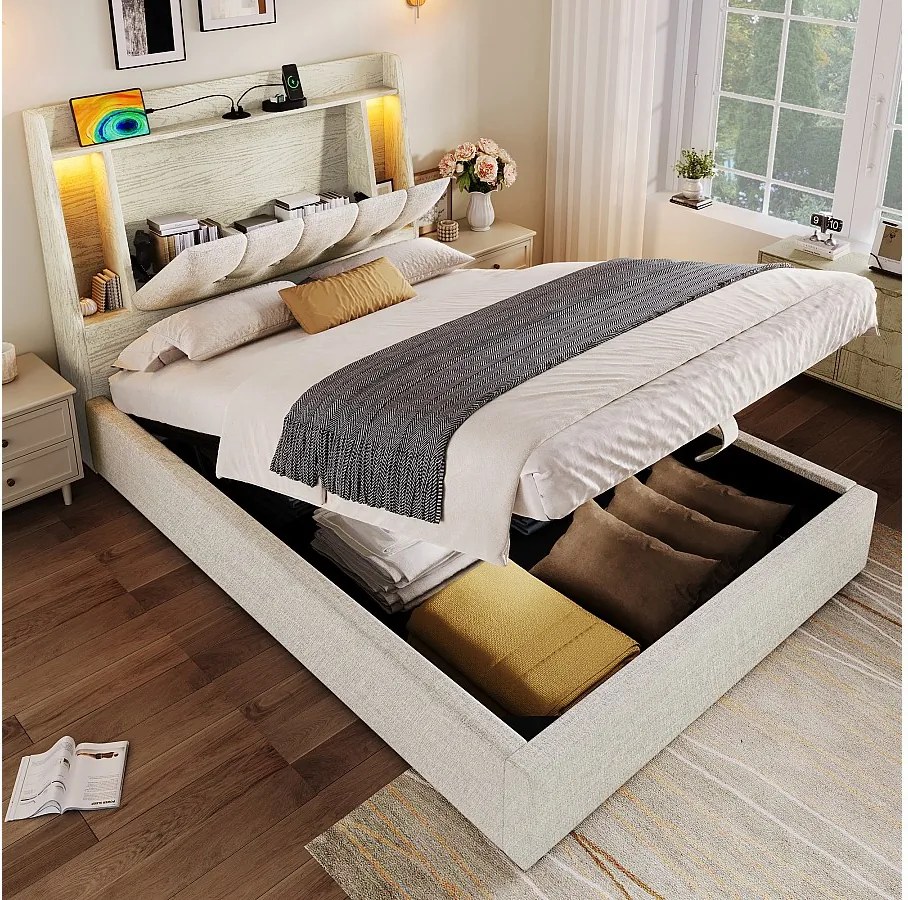 Łóżko z pojemnikiem 90x200 cm - z zagłówkiem, schowkiem, portem USB i USB typu C, oświetleniem LED - beżowy len - materac nie jest wliczony w cenę