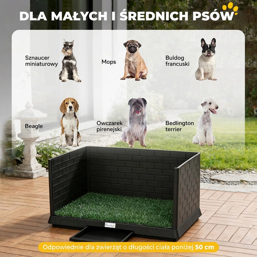 PawHut Toaleta dla psa 75 x 51 cm z trawą sztuczną, wysokimi ściankami, wysuwaną tacą i systemem odprowadzania - Czarna | Aosom PL