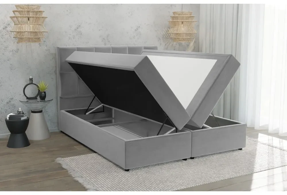 Jasnoszare łóżko boxspring ze schowkiem 180x200 cm Flip – Ropez