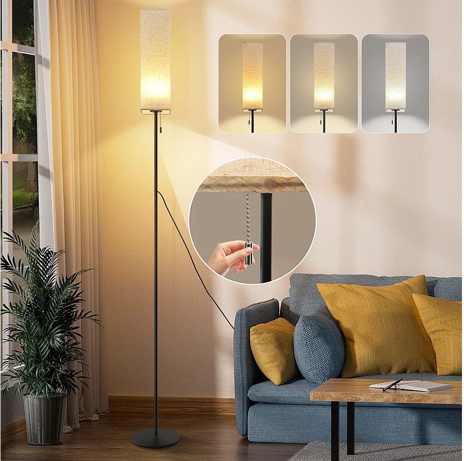 NETTLIFE Ściemnialna lampa podłogowa LED w stylu retro z abażurem z tkaniny do salonu z włącznikiem pociąganym