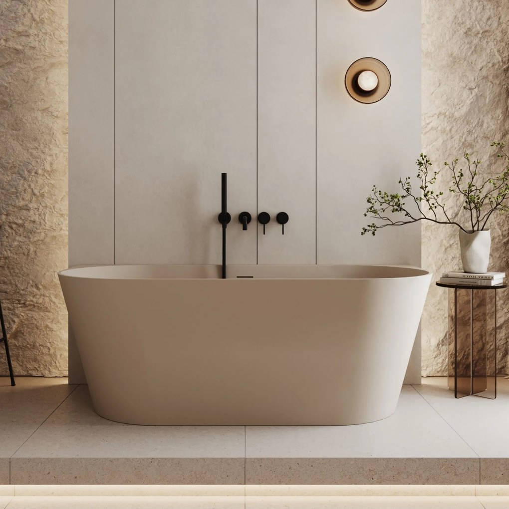 Wanna wolnostojąca przyścienna WALL Beige Matt / Glow z konglomeratu beżowa matowa/błyszcząca 160 x 75 cm przelew typu SLIM : Kolor wanny - Beż matowy