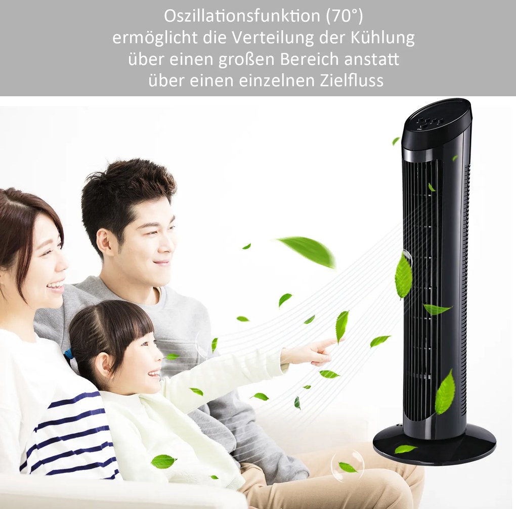 HOMCOM Wentylator Stojący Kolumnowy 45W Cichy 3 Poziomy Wentylacji Oscylacja 70° Czarny | Aosom PL