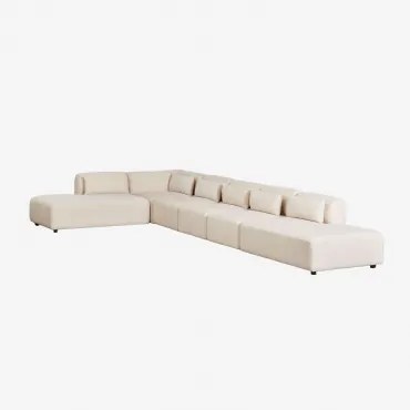 Sofa Modułowy Narożny 6-częściowy Z Podwójnym Szezlongiem Fogler Len Aksamit Beż Lniany - Sklum