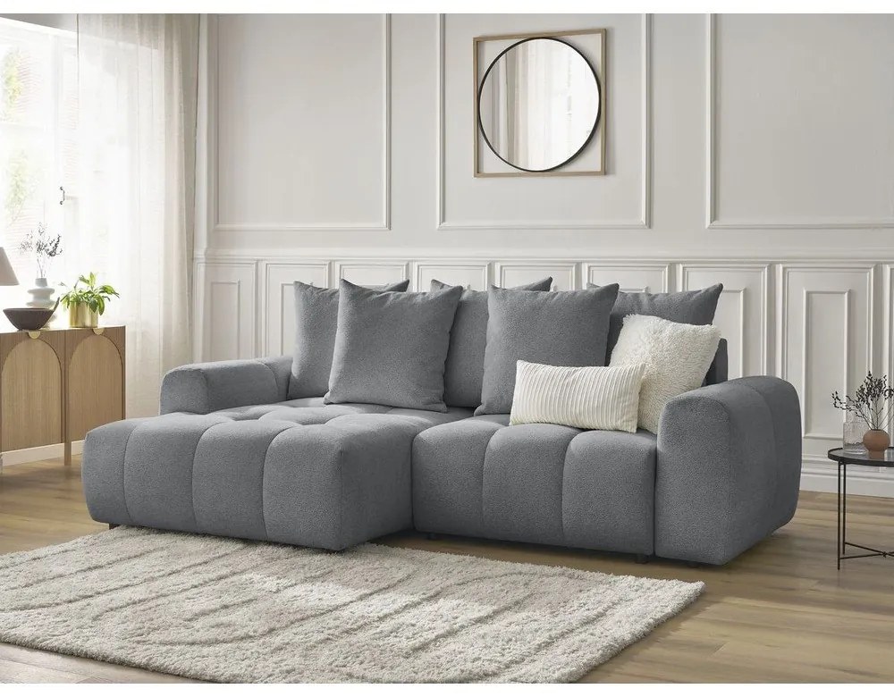 Szary rozkładany narożnik z tkaniny szenilowej ze schowkiem (lewostronny/z szezlongiem) Roxelane – Bobochic Paris