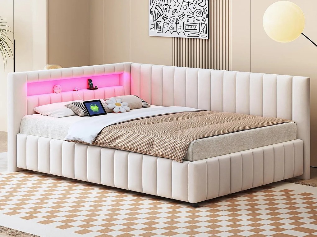 Łóżko tapicerowane welurowe - 140x200cm - z oświetleniem LED i gniazdem USB - Beżowe (materac nie jest w zestawie)