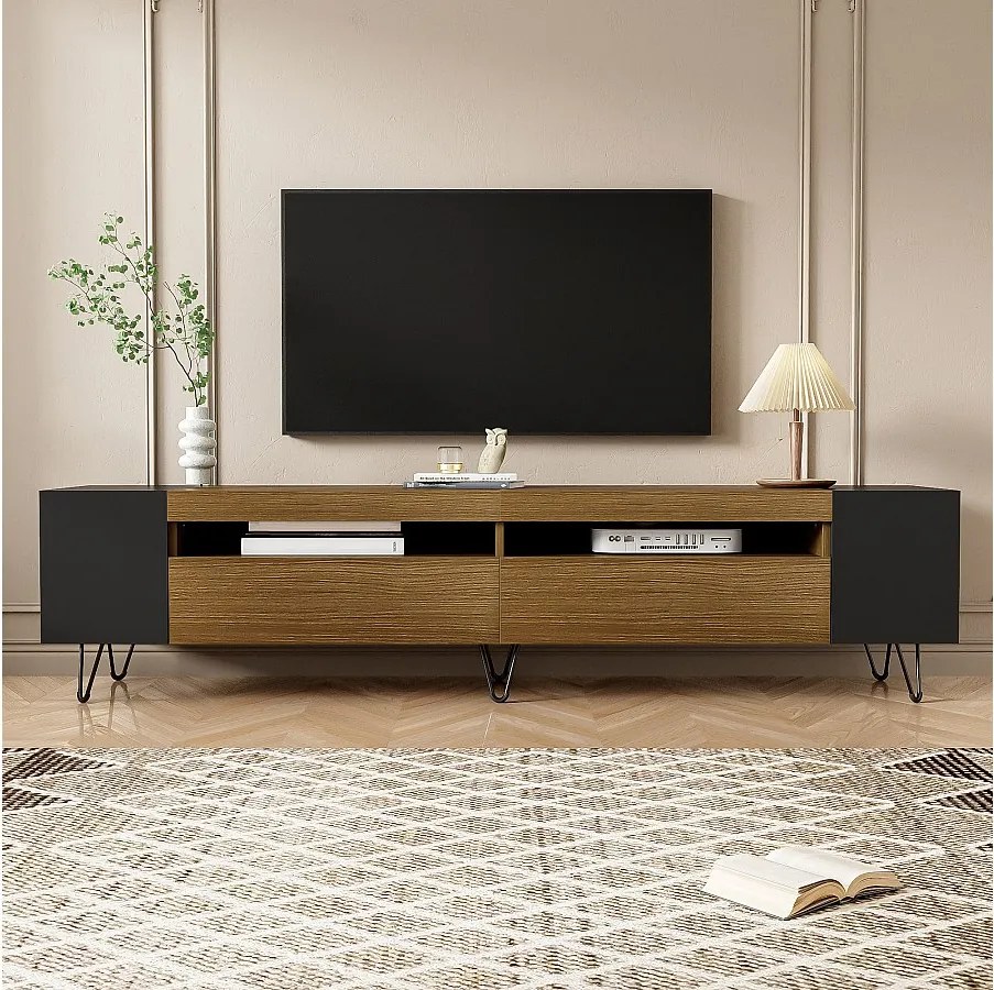 Szafka RTV z 2 drzwiami i bocznymi wnękami - 180 x 36 x 43 cm - diody LED - płyta MDF i wiórowa - czarny + naturalny