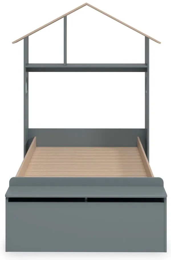 Łóżko dziecięce w dekorze sosny w kształcie domku ze schowkiem ze stelażem 90x190 cm w naturalnym kolorze/szarozielone Odessa – Marckeric