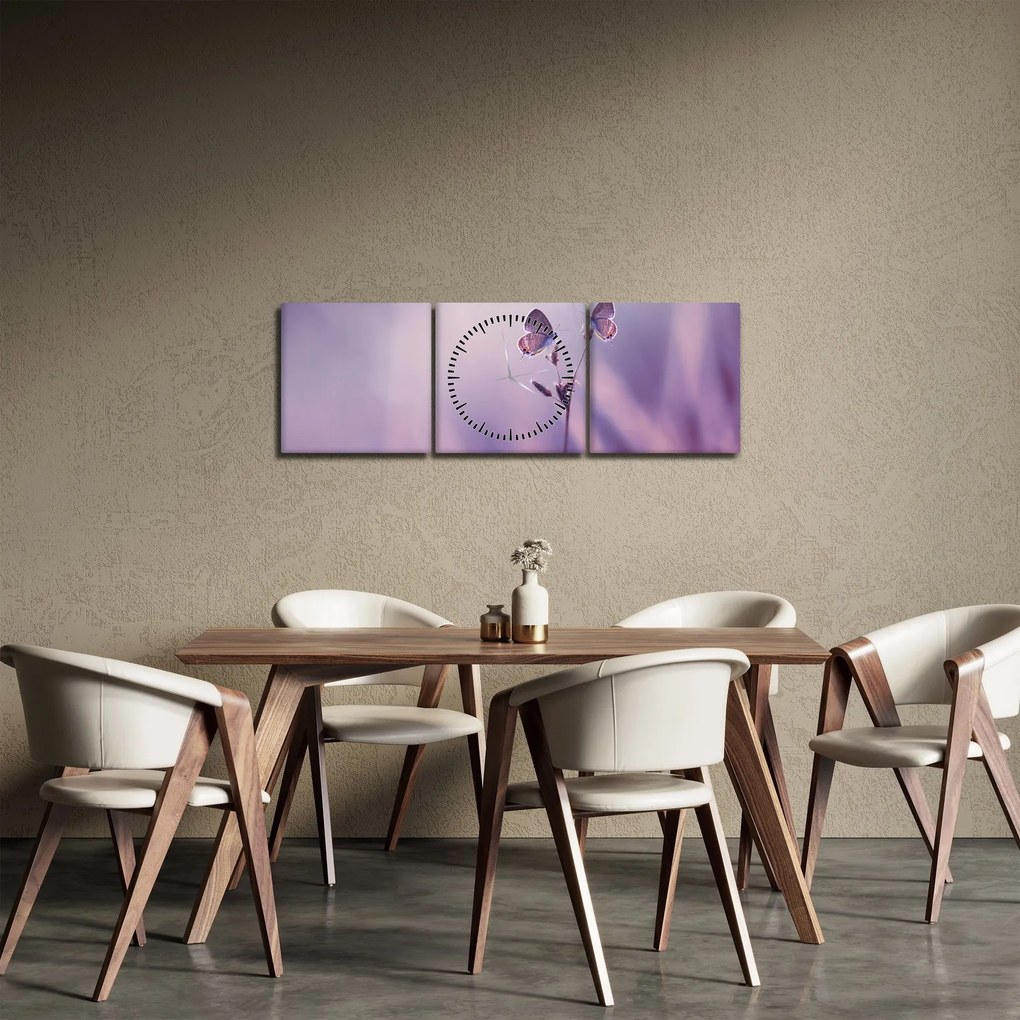 Obraz - Fioletowe motyle (z zegarem) (90x30 cm)