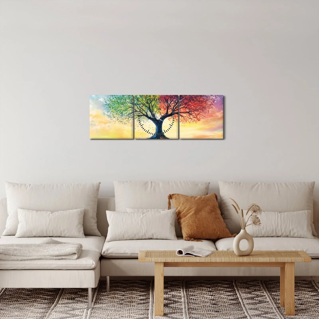 Obraz – Malowane drzewo czterech pór roku (z zegarem) (90x30 cm)