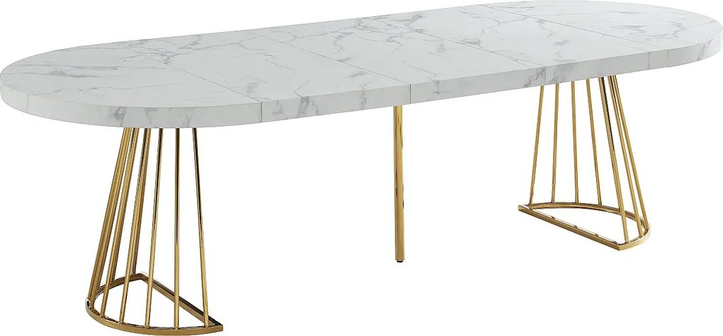 Stół do jadalni rozkładany dla 2 do 12 osób z MDF i stali - Imitacja marmuru biały i złoty - FIRELA