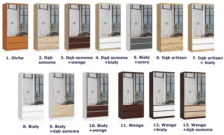 Szafa z lustrem w stylu klasycznym wenge + dąb sonoma K0-E25