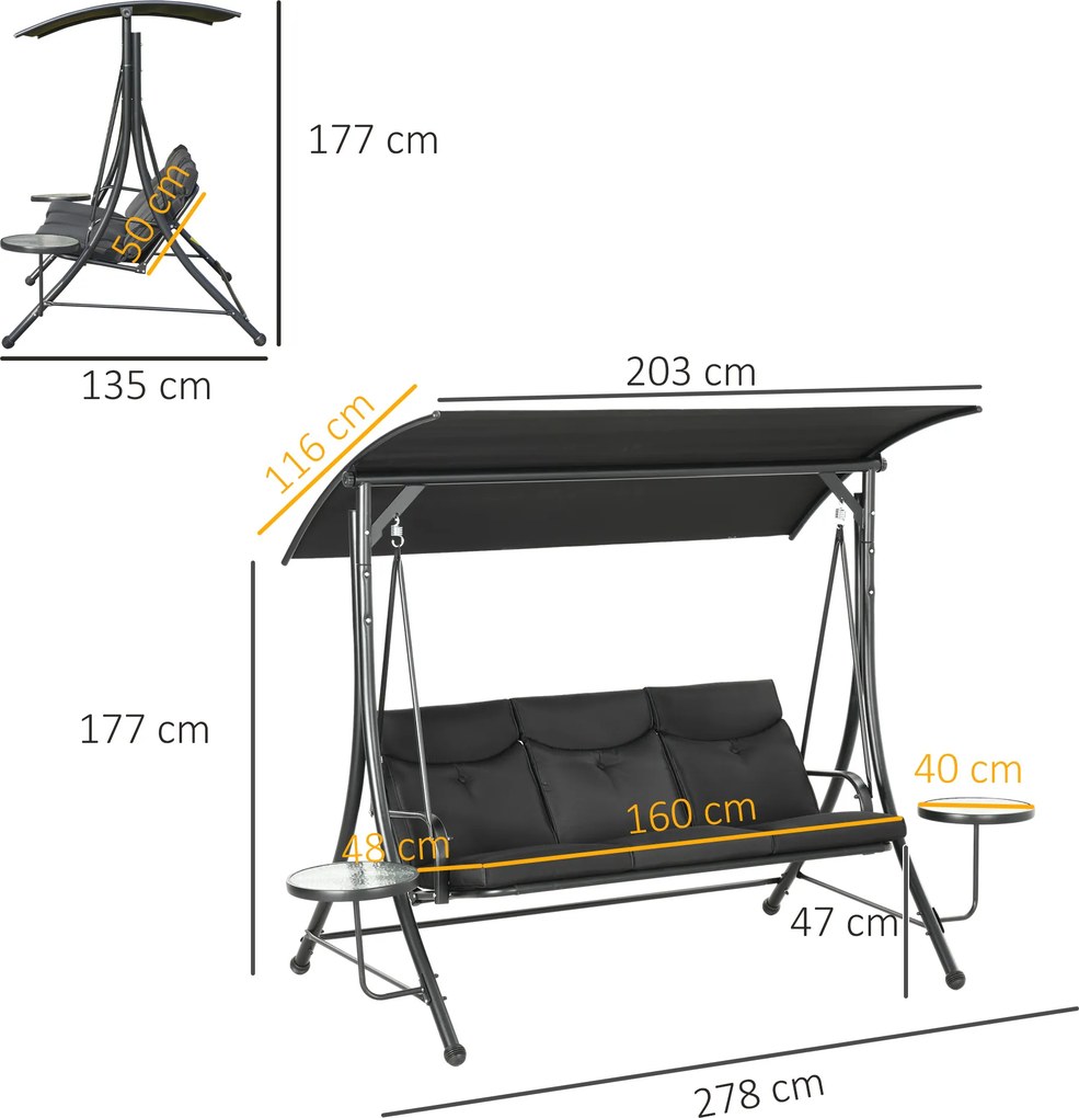 Outsunny Huśtawka Hollywood, Ławka Huśtawkowa, 3-osobowa Huśtawka Ogrodowa z Regulowanym Daszkiem, 278 x 125 x 177 cm, Czarna