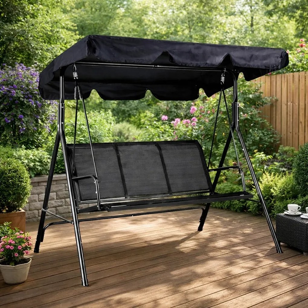 Huśtawka ogrodowa Toreno z daszkiem regulowanym, siatka tekstylna czarna