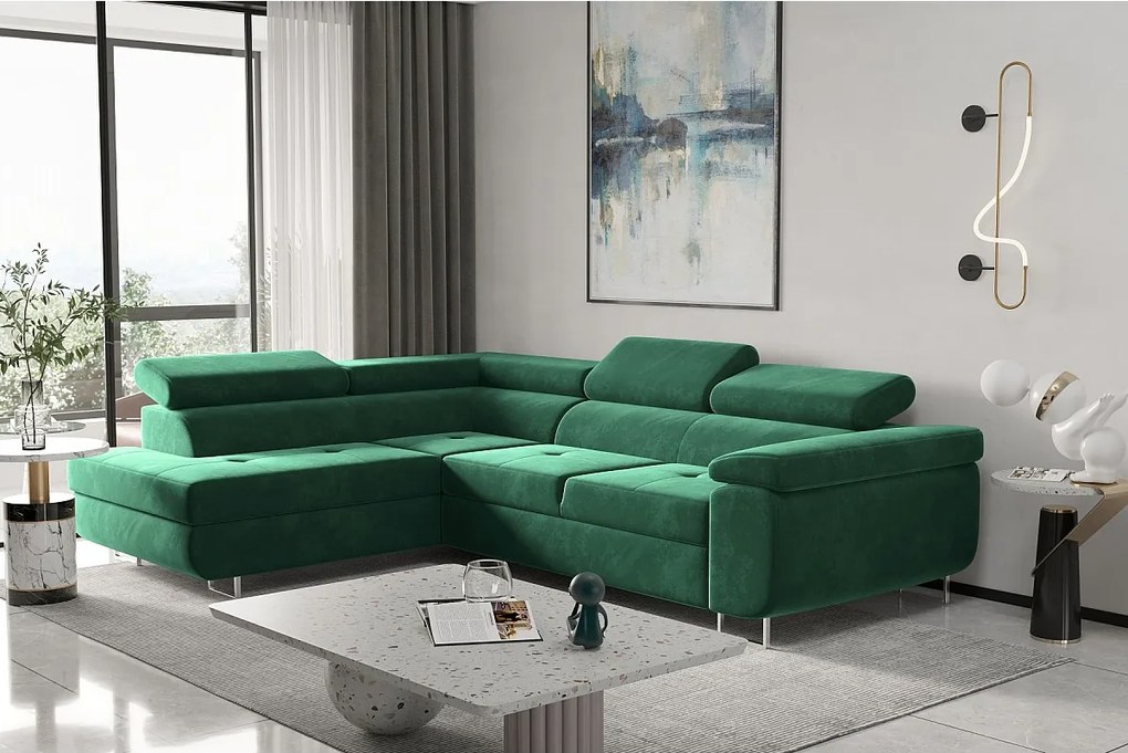 Narożnik z funkcją spania w kształcie L ATOM, tkanina Monolith, Zielony, Lewy