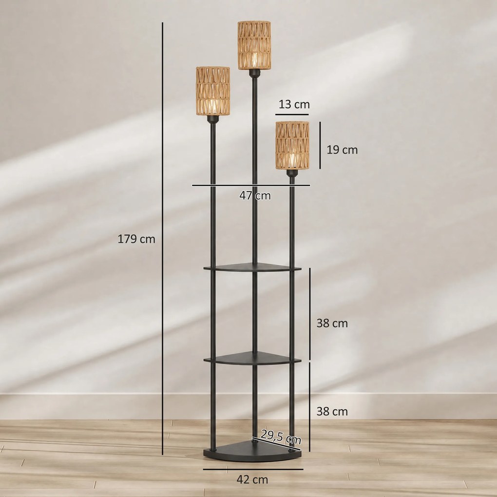 HOMCOM Lampa stojąca Boho 3-płomienna, 3 półki, klosz z papierowego sznura, czarna | Aosom PL
