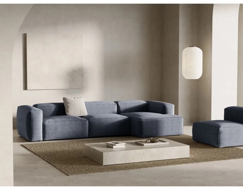 Szaroniebieski sztruksowy narożnik (prawostronny/z szezlongiem) Bergamo – Cosmopolitan Design