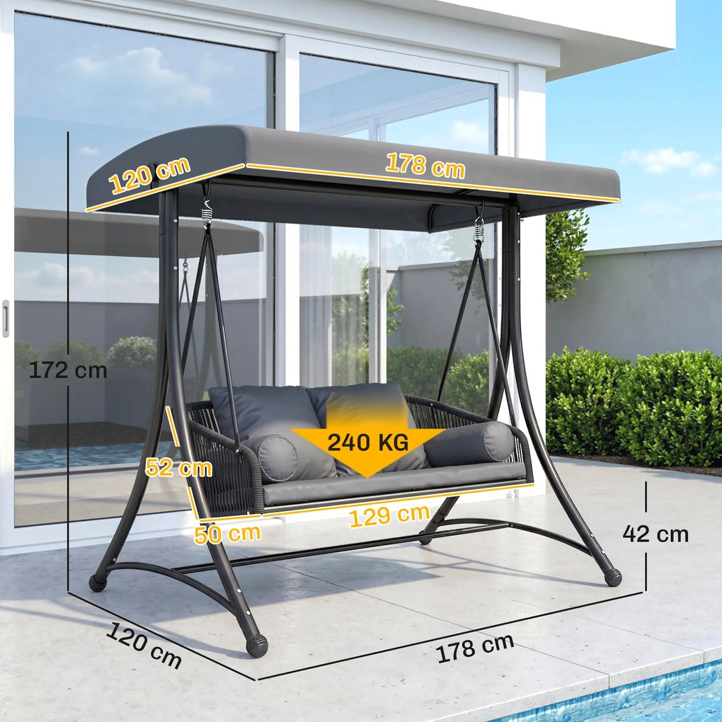 Outsunny Huśtawka Ogrodowa Rattan 2-osobowa z Regulowanym Daszkiem, Miękkimi Poduszkami, Ciemnoszara | Aosom PL
