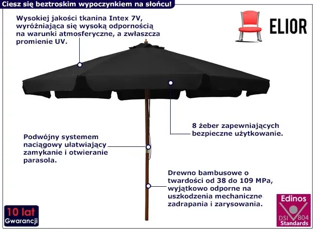 Parasol Ogrodowy Czarny Z Bambusowym Stelażem Merimo 6X