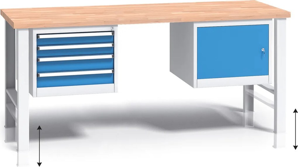 Stół warsztatowy z regulacją wysokości G3, 2000 x 685 x 840-1050 mm, 1x 4 szufladowy kontener, 1x szafka, niebieski