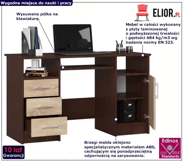 Biurko z szufladami wenge + dąb sonoma - Dopio 2X