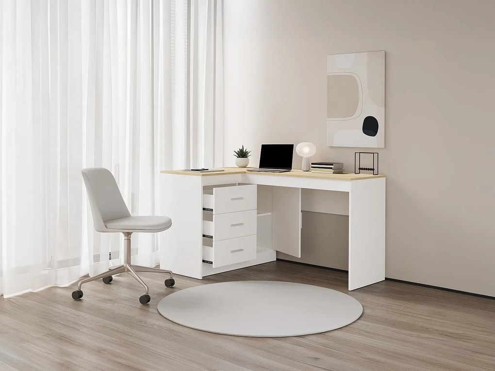 Biurko ze schowkami - Biały i naturalny - RIDOVA