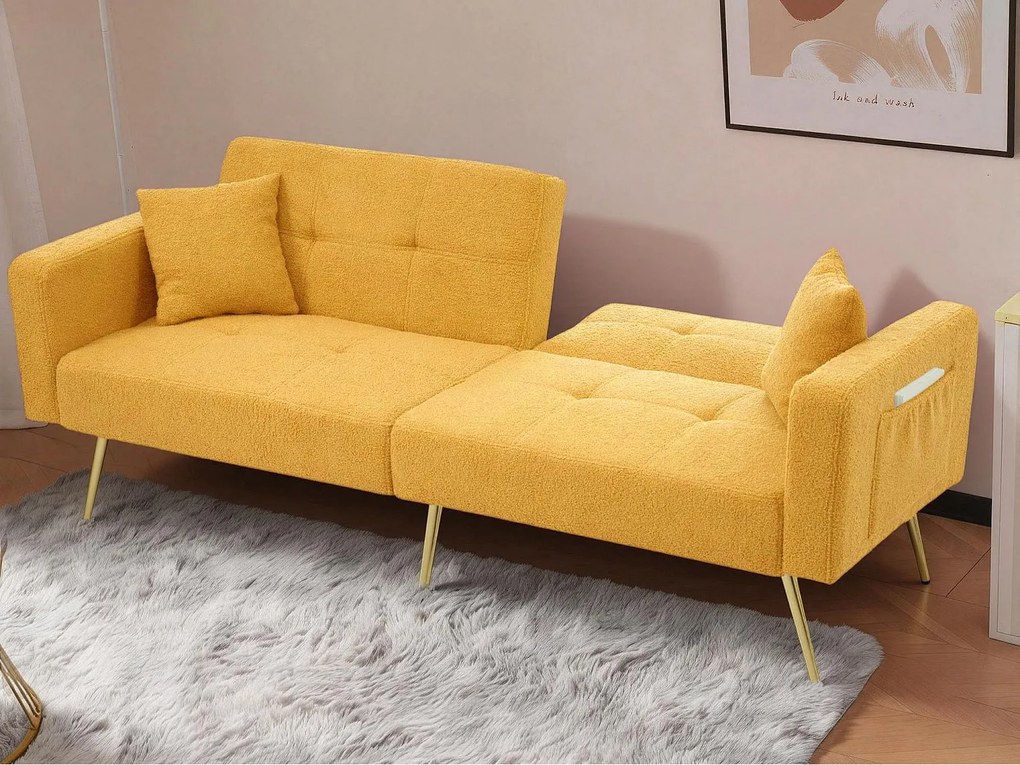 Kanapa rozkładana 2-osobowa - kąt regulowany - z poduszkami i bocznymi kieszeniami do przechowywania - żółty