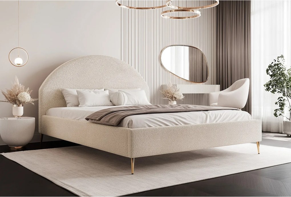 BESILIO Łóżko tapicerowane Boucle 140x200 Velora II - stelaż listwowy, wezgłowie, pojemnik, łóżko slim, wysokie złote nogi - Kremowy