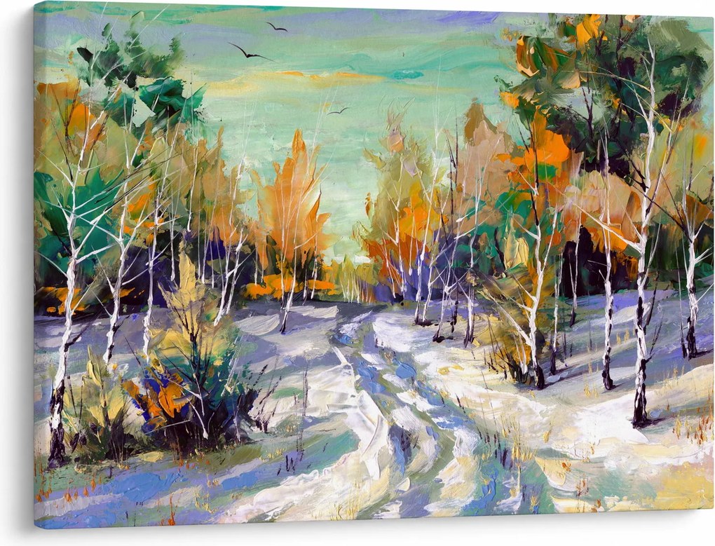 Obraz - Zaśnieżona ścieżka przez las, obraz olejny (70x50 cm)