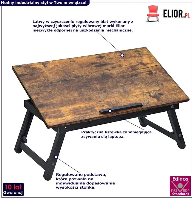 Industrialny składany stolik pod laptopa do łóżka - Galexi