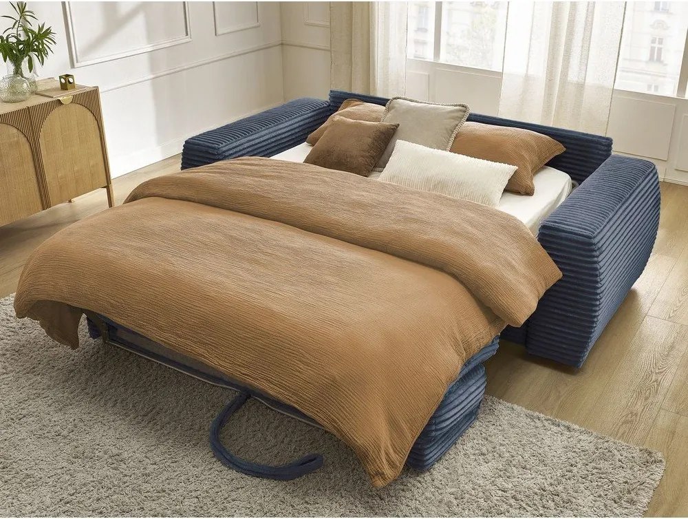 Ciemnoniebieska sztruksowa rozkładana sofa do spania 220 cm Hugo – Bobochic Paris