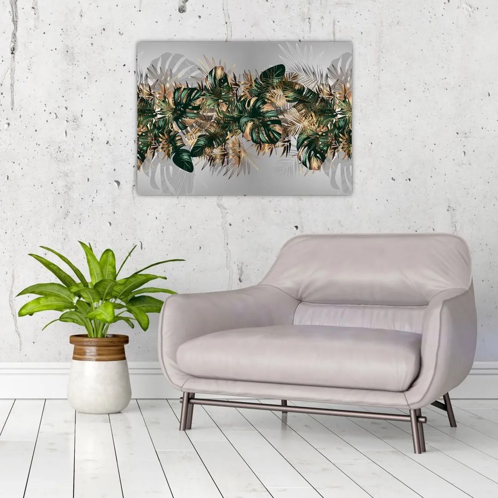 Obraz na szkle - Złoto - zielone tropikalne liście (70x50 cm)