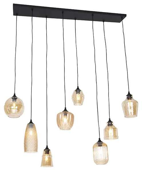 Lampa wisząca w stylu art deco czarna z bursztynowym szkłem 8 świateł - Hanne ArtDeco Oswietlenie wewnetrzne