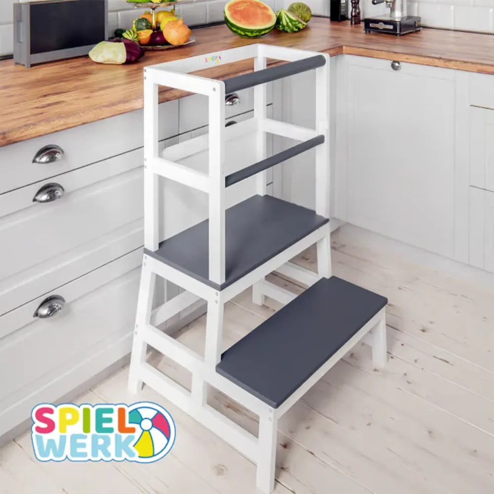 Spielwerk Wieża edukacyjna PLAY z drewna sosnowego, 93x56x49, biała/antracyt