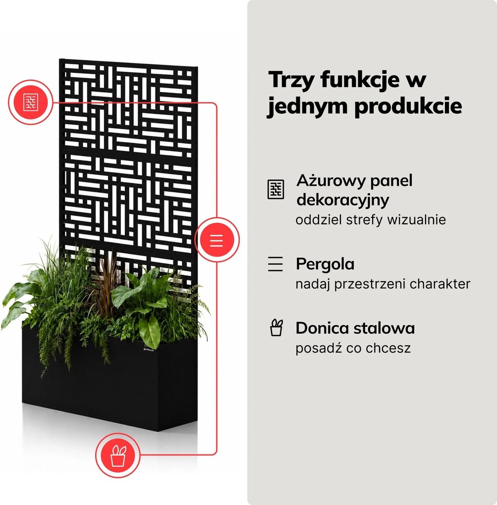 Pergola ogrodowa metalowa z donicą czarna 3in1, 900 × 1800 × 300 mm: ROSE
