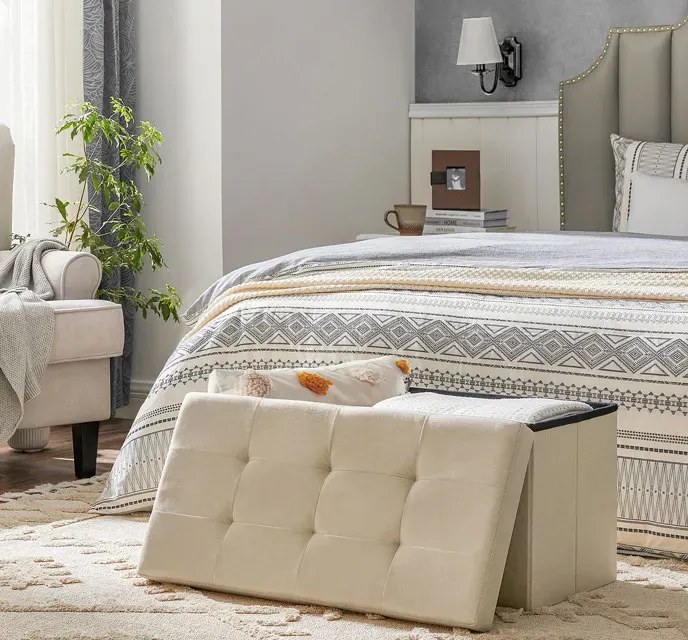 Beżowa prostokątna pufa ze schowkiem M9-K16