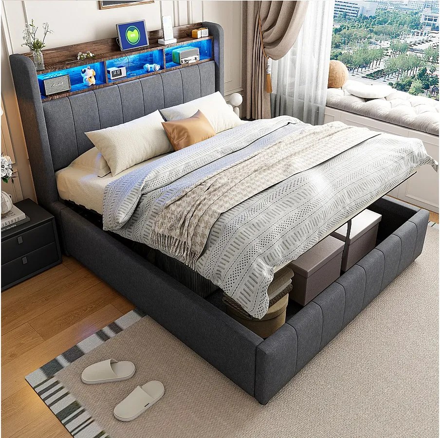 Łóżko 140x200 cm z pojemnikiem - Łóżko dla dorosłych z oświetleniem LED i ładowaniem USB - Zagłówek z półkami i schowkiem - szary len
