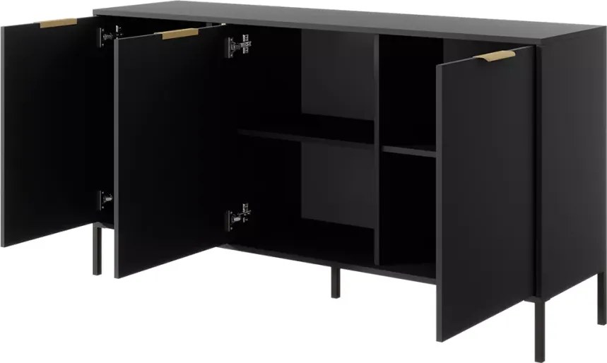 Komoda Zante III – elegancka komoda w kolorze antracytowym ze złotymi detalami, 3-drzwiowa na czarnych nogach