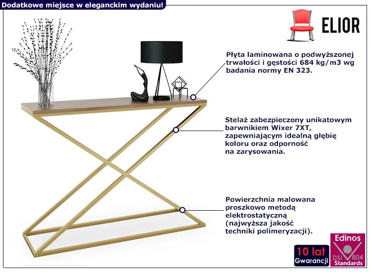 Nowoczesna konsola z metalowym stelażem złoty + dąb lancelot - Ergik 3X