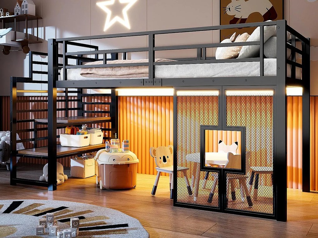 Łóżko na antresoli z metalu 90x200cm - z oświetleniem LED - Wzór okna - Czarny​ (bez materaca)