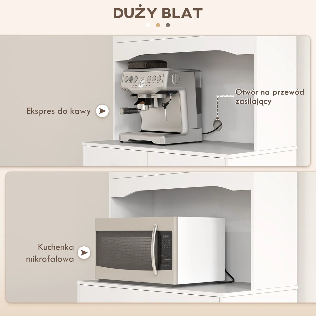 HOMCOM Biała szafka kuchenna wolnostojąca z blatem na mikrofalówkę i ekspres do kawy drzwi szklane | Aosom PL