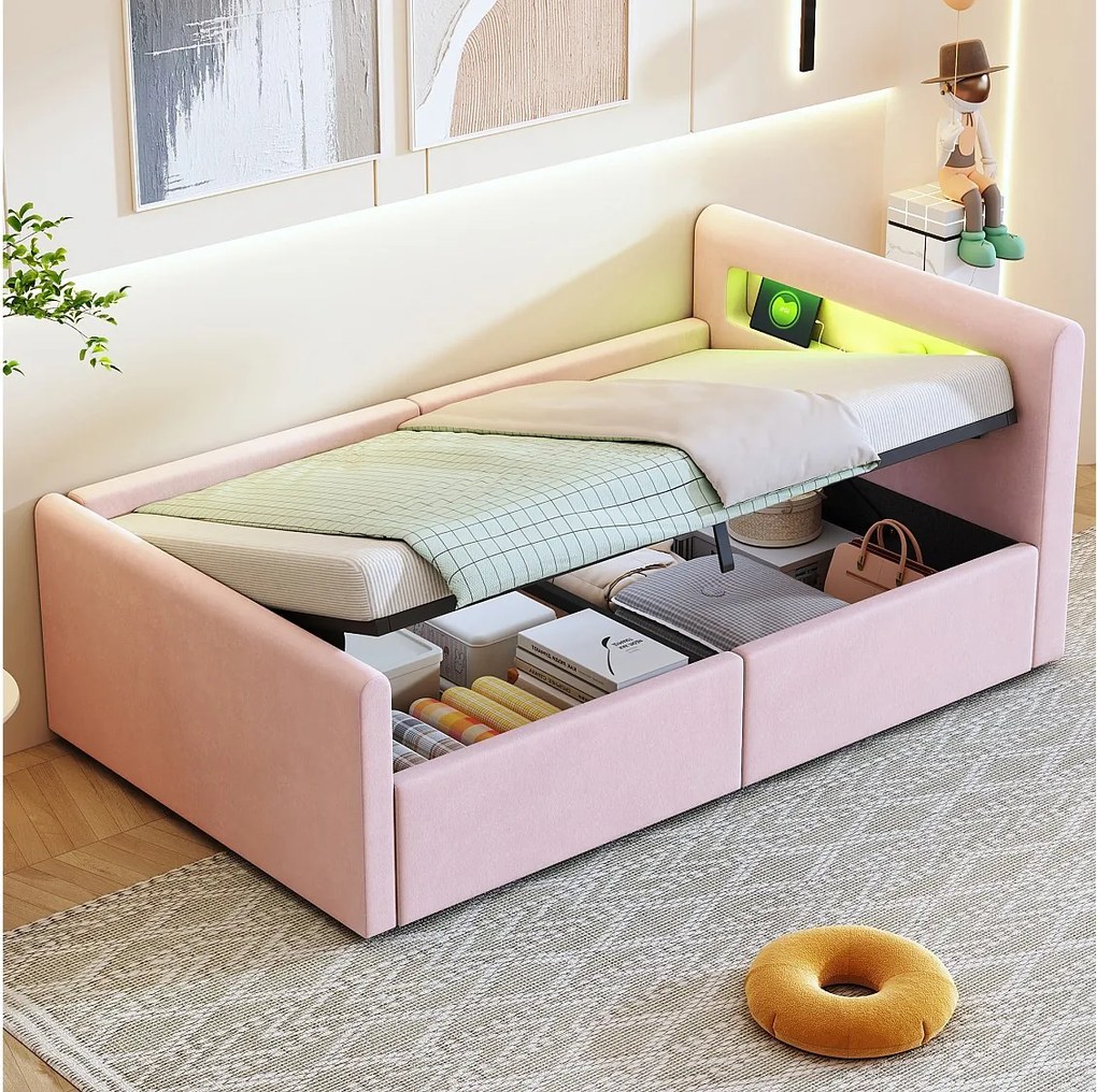 Łóżko 90 x 200 cm z pojemnikiem - Łóżko dziecięce z oświetleniem LED i portem USB - Zagłówek ze schowkiem - Różowy aksamit - Materac nie jest wliczony w cenę