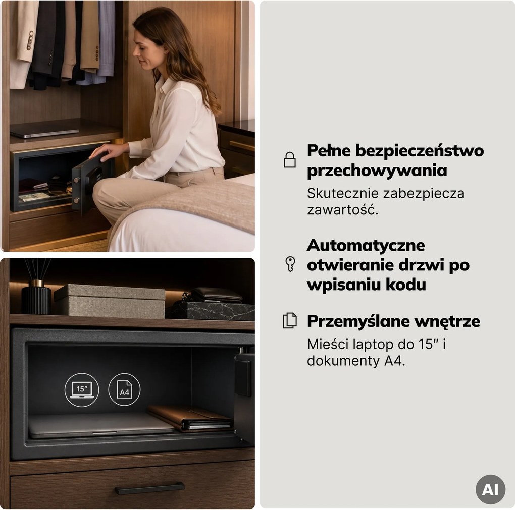 Sejf hotelowy elektroniczny z zamkiem na kod, na laptopa 15″ i dokumenty, 200 x420x370 mm: ALFRED