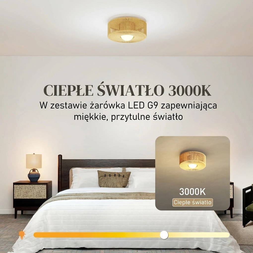 HOMCOM Lampa sufitowa, wisząca lampa boho z oprawką G9 LED, abażur ze sznurka konopnego okrągły