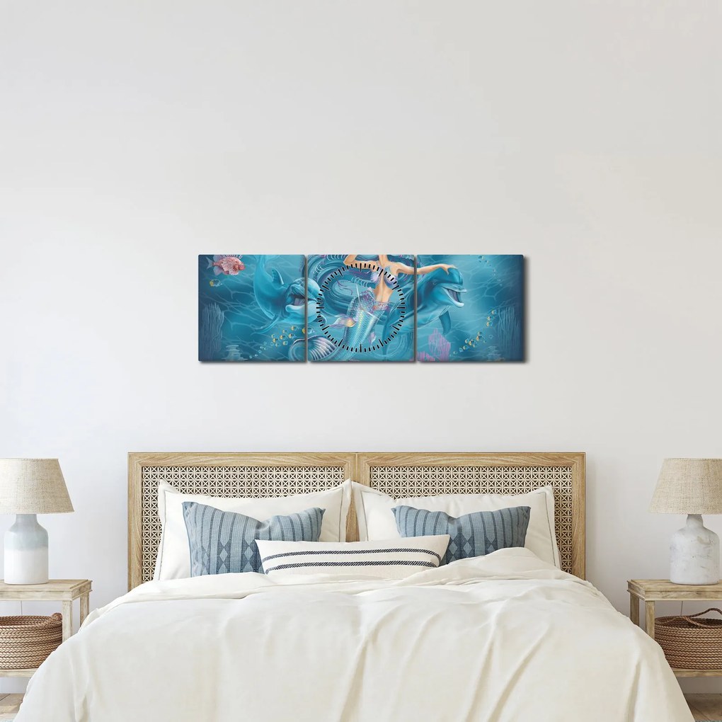 Obraz - Syrenka z delfinami (z zegarem) (90x30 cm)