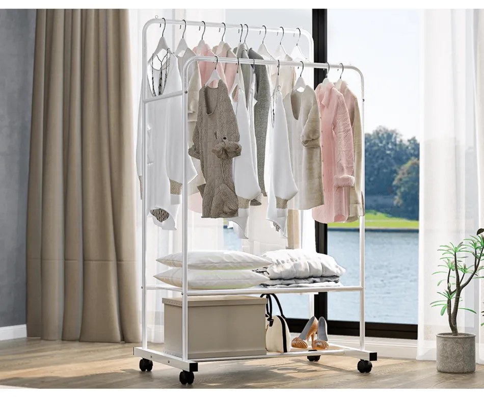 Dwurzędowy wieszak na kółkach z półkami Rainer, 80 x 51 x 160 cm