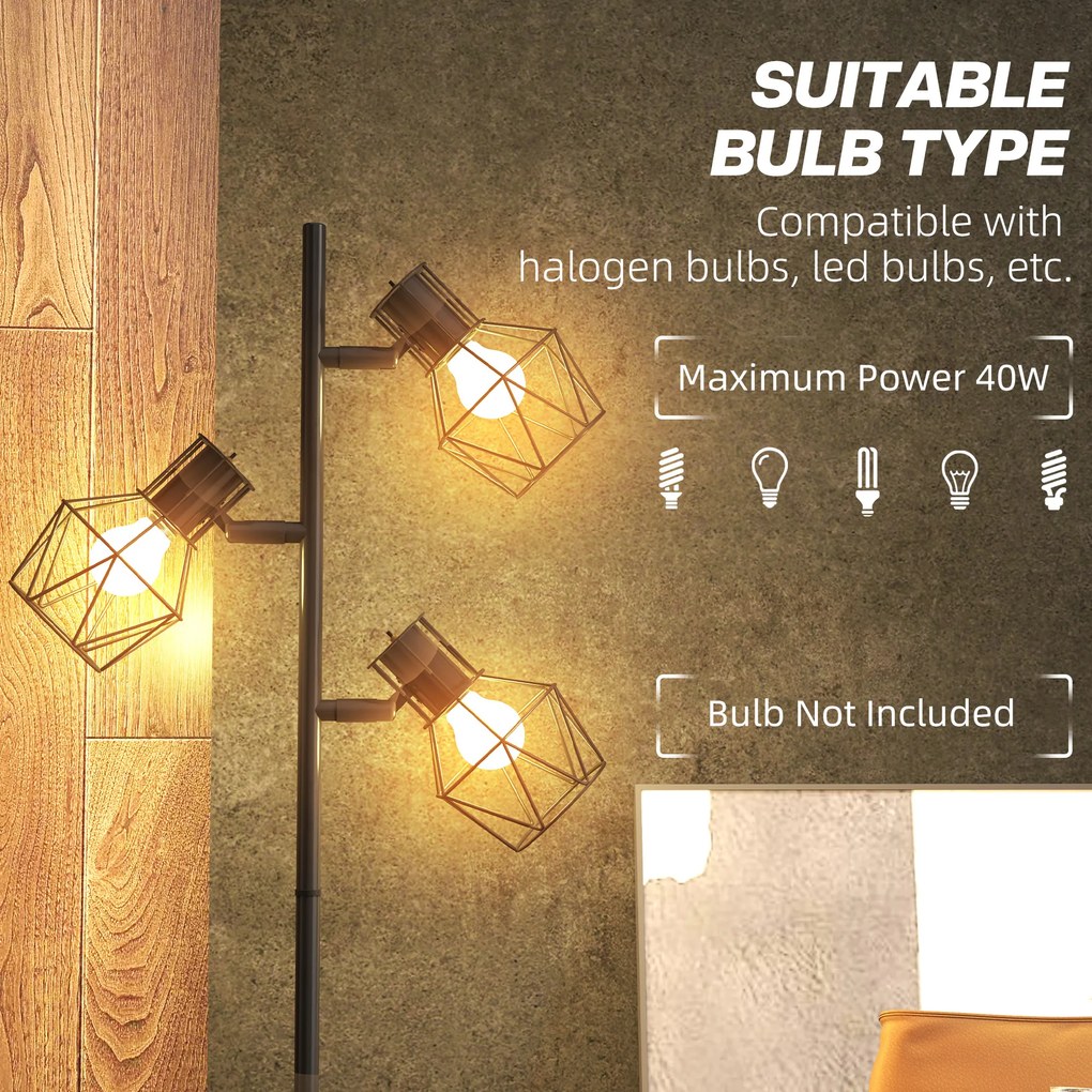 HOMCOM Lampa stojąca z 3 regulowanymi elementami oświetleniowymi, struktura przypominająca drzewo, do salonu i sypialni, metal, Kolor Czarny