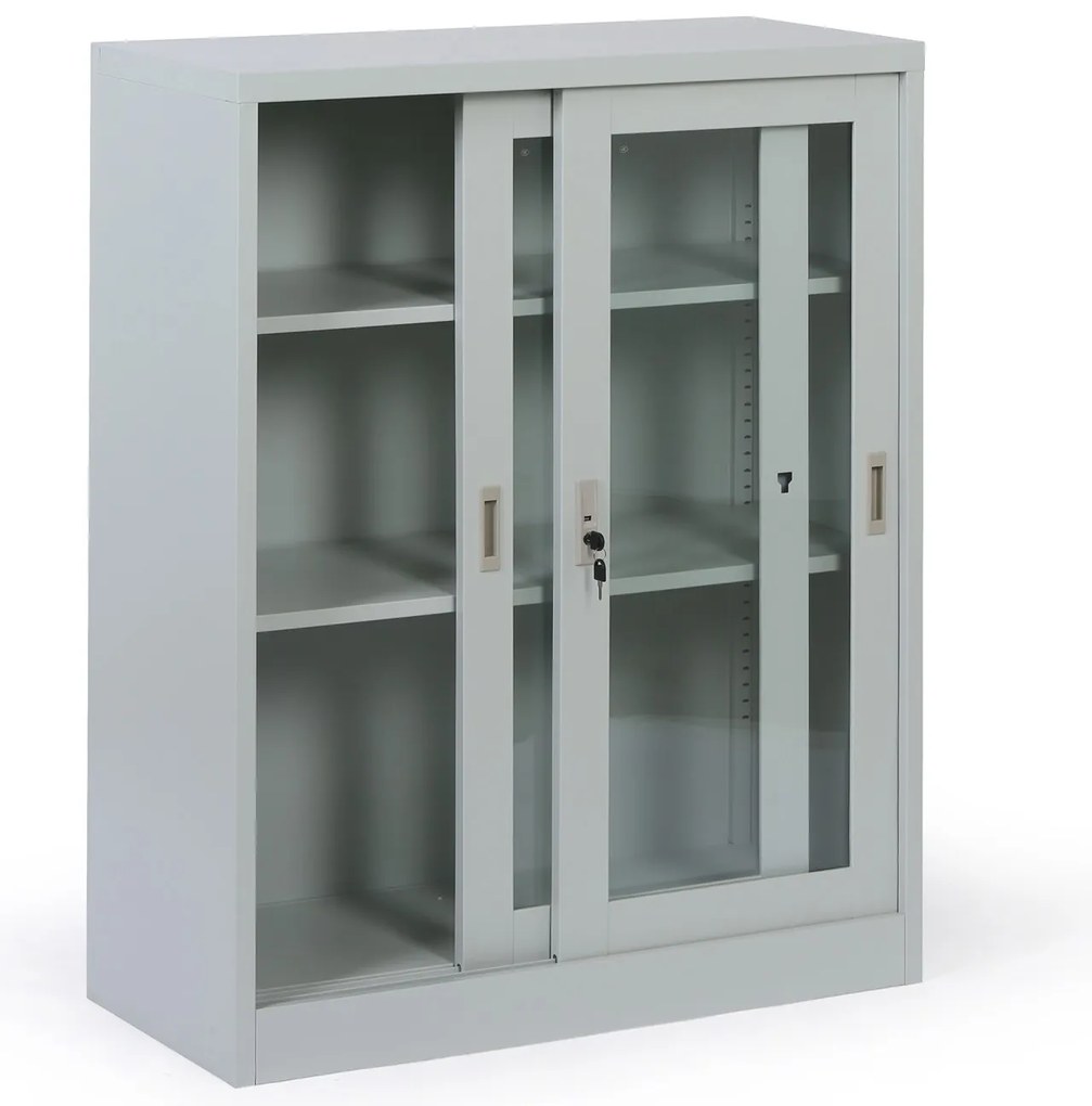 Metalowa szafka z półkami i szklanymi przesuwanymi drzwiami, zdemontowana, 900 x 1150 x 400 mm